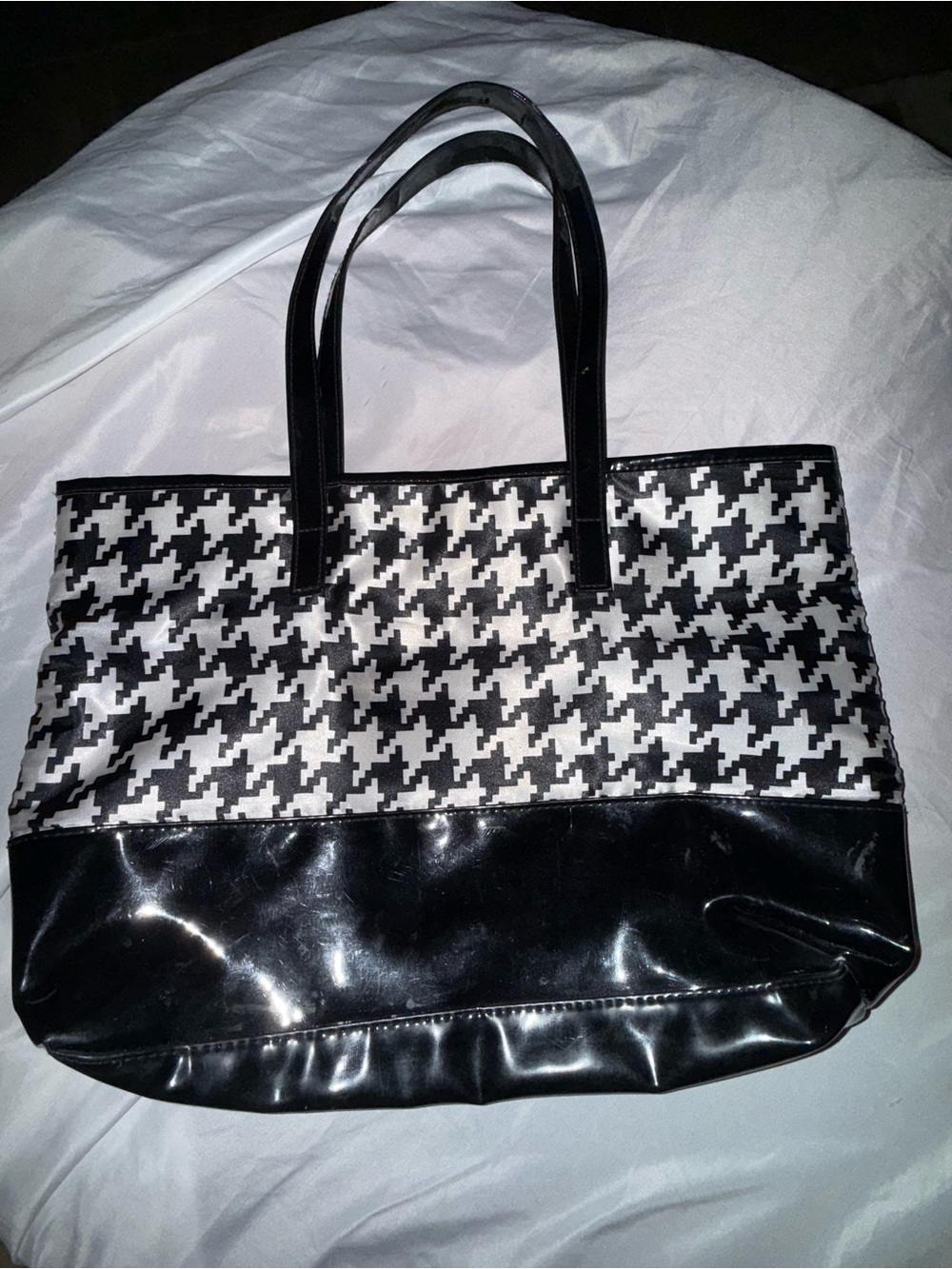 Black & White Houndstooth Tote with Black Patent Trim